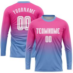 Custom Pink White-Light Blue Sublimation Long Sleeve Fade Fashion Soccer Uniform Jersey